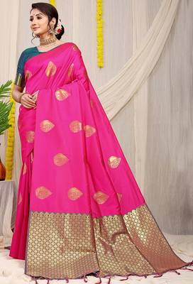 Rani pink banarasi silk blend saree with zari buttas & green zari border 1