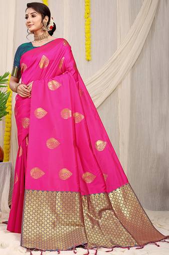Rani pink banarasi silk blend saree with zari buttas & green zari border