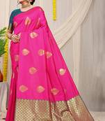 Rani pink banarasi silk blend saree with zari buttas & green zari border
