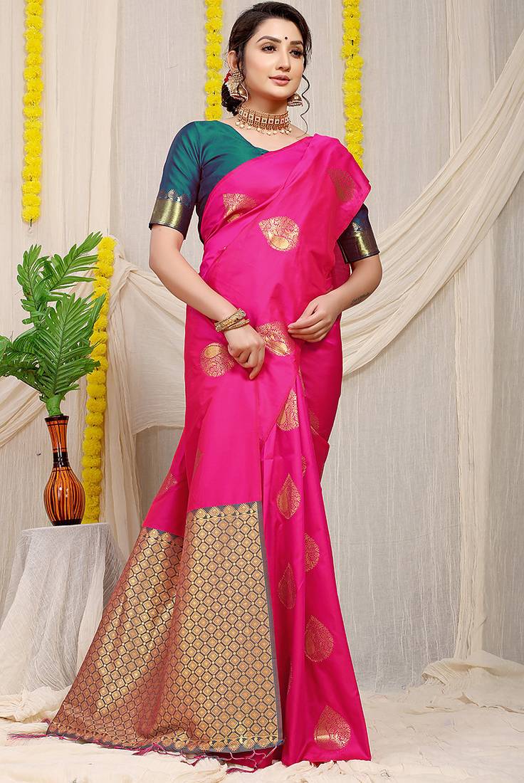 Rani pink banarasi silk blend saree with zari buttas & green zari border