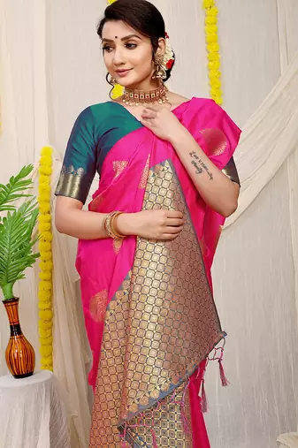 Rani pink banarasi silk blend saree with zari buttas & green zari border