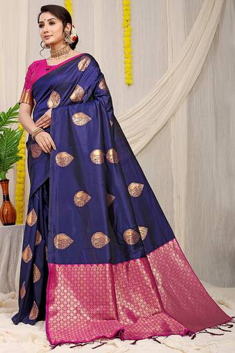 Navy blue banarasi silk blend saree with zari buttas & green zari border