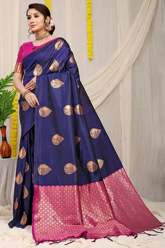 Navy blue banarasi silk blend saree with zari buttas & green zari border