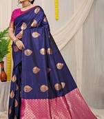 Navy blue banarasi silk blend saree with zari buttas & green zari border