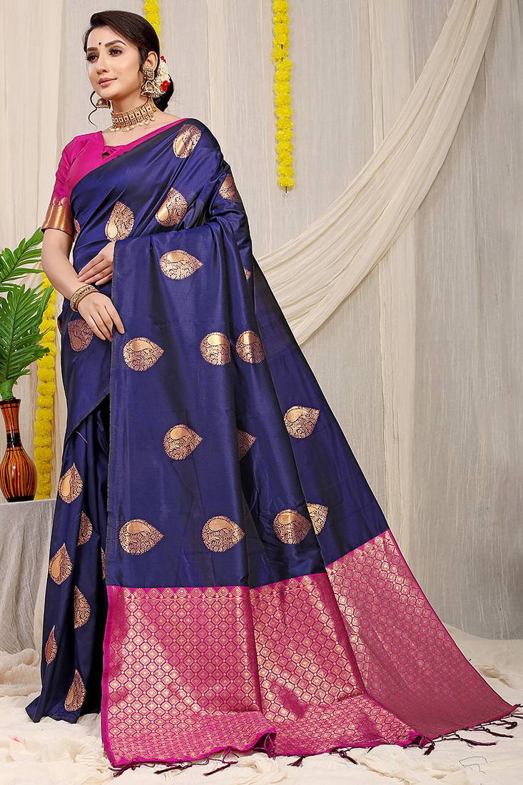 Navy blue banarasi silk blend saree with zari buttas & green zari border