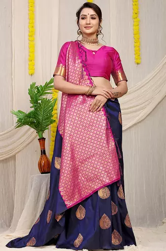 Navy blue banarasi silk blend saree with zari buttas & green zari border
