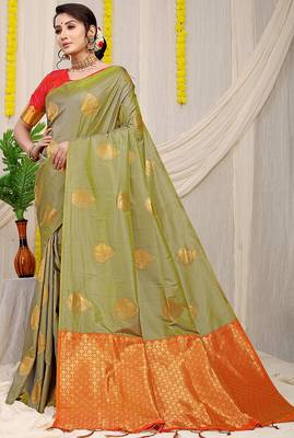 Light olive green banarasi silk blend saree with zari buttas & green zari border 1