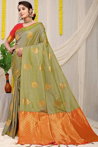 Light olive green banarasi silk blend saree with zari buttas & green zari border