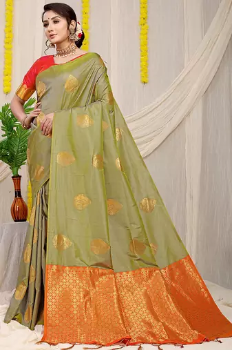 Light olive green banarasi silk blend saree with zari buttas & green zari border