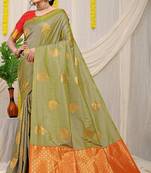 Light olive green banarasi silk blend saree with zari buttas & green zari border