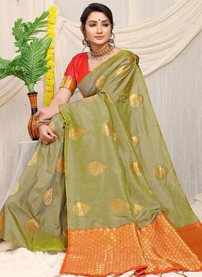 Light olive green banarasi silk blend saree with zari buttas & green zari border 2