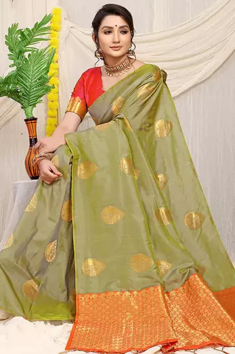 Light olive green banarasi silk blend saree with zari buttas & green zari border