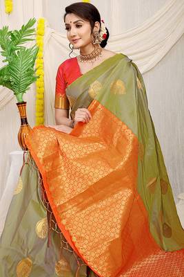Light olive green banarasi silk blend saree with zari buttas & green zari border 3
