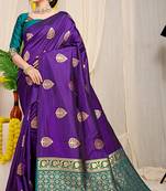 Deep violet banarasi silk blend saree with  zari butta & teal woven border