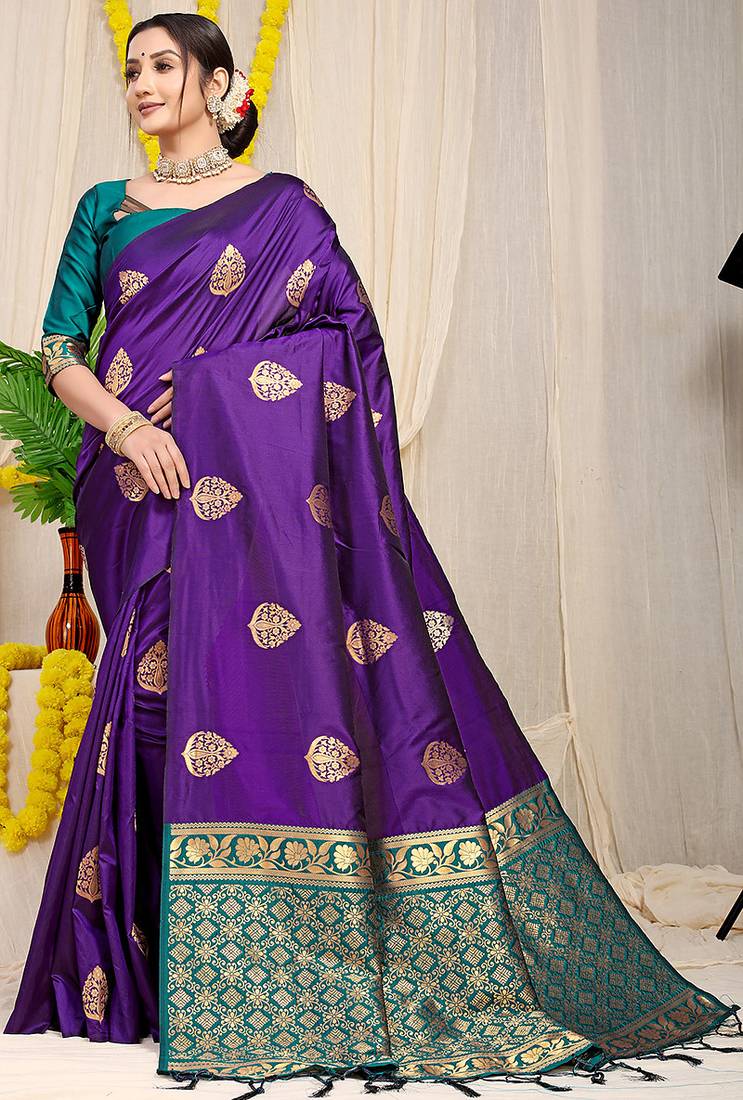 Deep violet banarasi silk blend saree with  zari butta & teal woven border