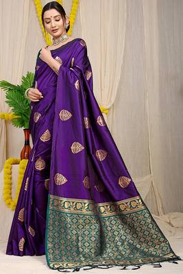 Deep violet banarasi silk blend saree with  zari butta & teal woven border 2