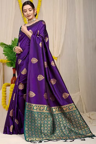 Deep violet banarasi silk blend saree with  zari butta & teal woven border