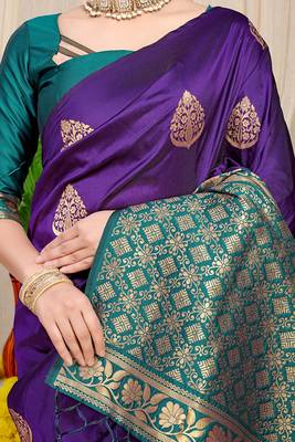 Deep violet banarasi silk blend saree with  zari butta & teal woven border 4