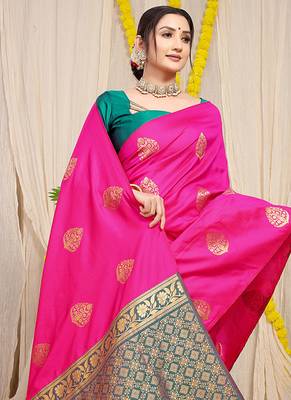 Rani pink banarasi silk blend saree with  zari butta & teal woven border 2