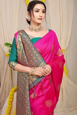 Rani pink banarasi silk blend saree with  zari butta & teal woven border 3