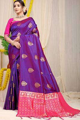 Purple banarasi silk blend saree with  zari butta & rani pink woven border 1