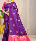 Purple banarasi silk blend saree with  zari butta & rani pink woven border