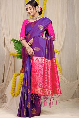 Purple banarasi silk blend saree with  zari butta & rani pink woven border 2