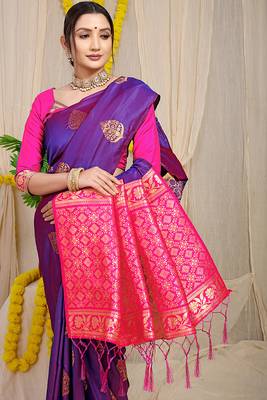 Purple banarasi silk blend saree with  zari butta & rani pink woven border 3