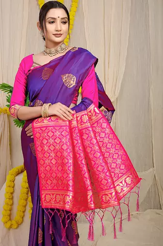 Purple banarasi silk blend saree with  zari butta & rani pink woven border