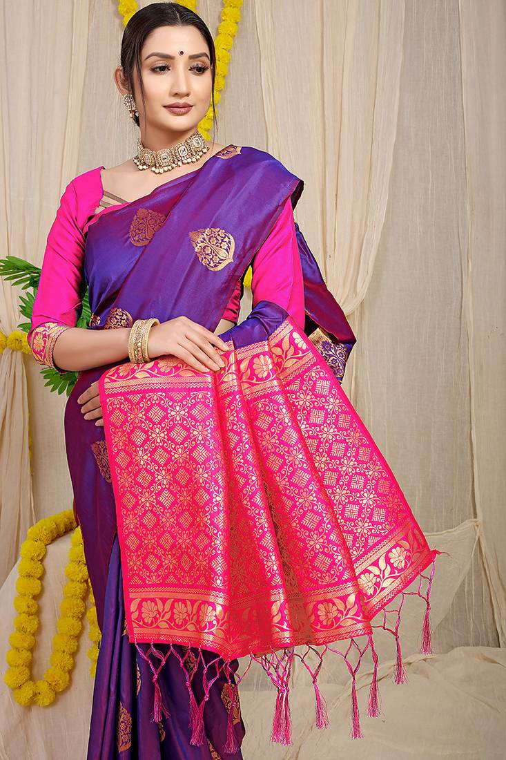Purple banarasi silk blend saree with  zari butta & rani pink woven border
