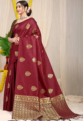 Maroon banarasi silk blend saree with  zari butta & olive green woven border 1