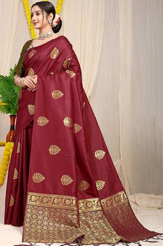 Maroon banarasi silk blend saree with  zari butta & olive green woven border