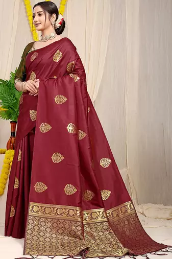 Maroon banarasi silk blend saree with  zari butta & olive green woven border