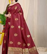 Maroon banarasi silk blend saree with  zari butta & olive green woven border