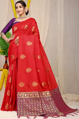 Red banarasi silk blend saree with  zari butta & purple woven border