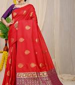 Red banarasi silk blend saree with  zari butta & purple woven border