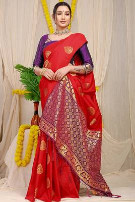 Red banarasi silk blend saree with  zari butta & purple woven border 2
