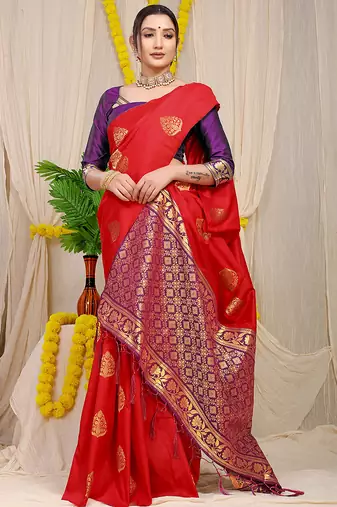 Red banarasi silk blend saree with  zari butta & purple woven border