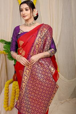 Red banarasi silk blend saree with  zari butta & purple woven border 3