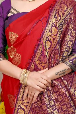 Red banarasi silk blend saree with  zari butta & purple woven border 4