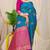 Teal blue banarasi silk blend saree with  zari butta & magenta pink woven border
