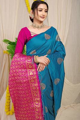 Teal blue banarasi silk blend saree with  zari butta & magenta pink woven border 3