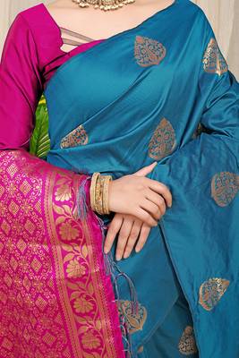 Teal blue banarasi silk blend saree with  zari butta & magenta pink woven border 4
