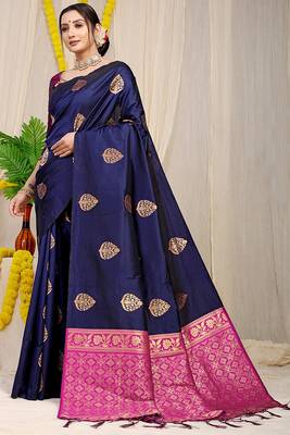 Navy blue banarasi silk blend saree with  zari butta & magenta pink woven border 1