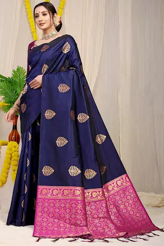 Navy blue banarasi silk blend saree with  zari butta & magenta pink woven border