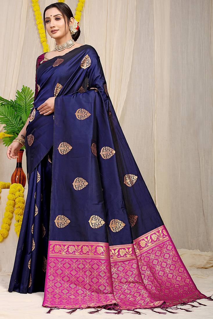 Navy blue banarasi silk blend saree with  zari butta & magenta pink woven border
