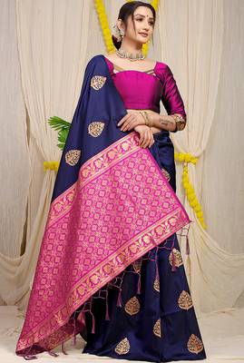 Navy blue banarasi silk blend saree with  zari butta & magenta pink woven border 2