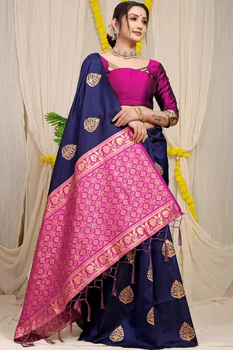 Navy blue banarasi silk blend saree with  zari butta & magenta pink woven border