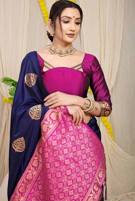Navy blue banarasi silk blend saree with  zari butta & magenta pink woven border 3