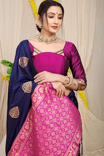 Navy blue banarasi silk blend saree with  zari butta & magenta pink woven border